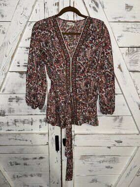Max Studio Women’s Size Large Red Blue Floral Wrap Blouse Top V-Neck Tie Waist